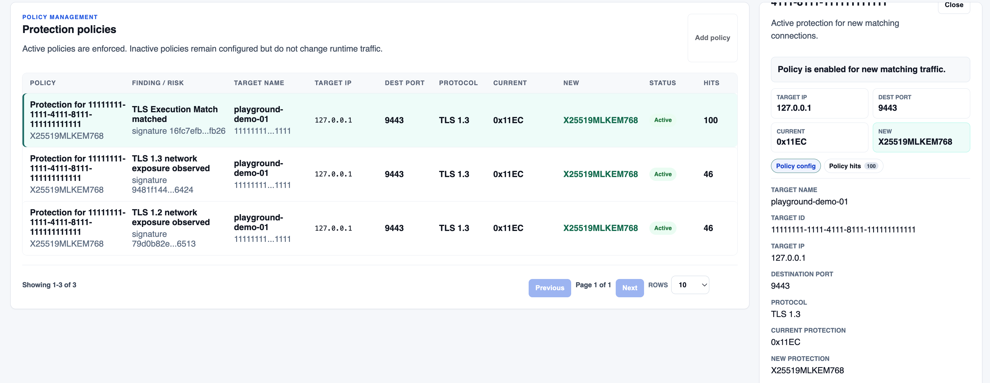 Laviq console policy management showing active protection policies, matching TLS traffic, target information, and the proposed X25519MLKEM768 configuration.